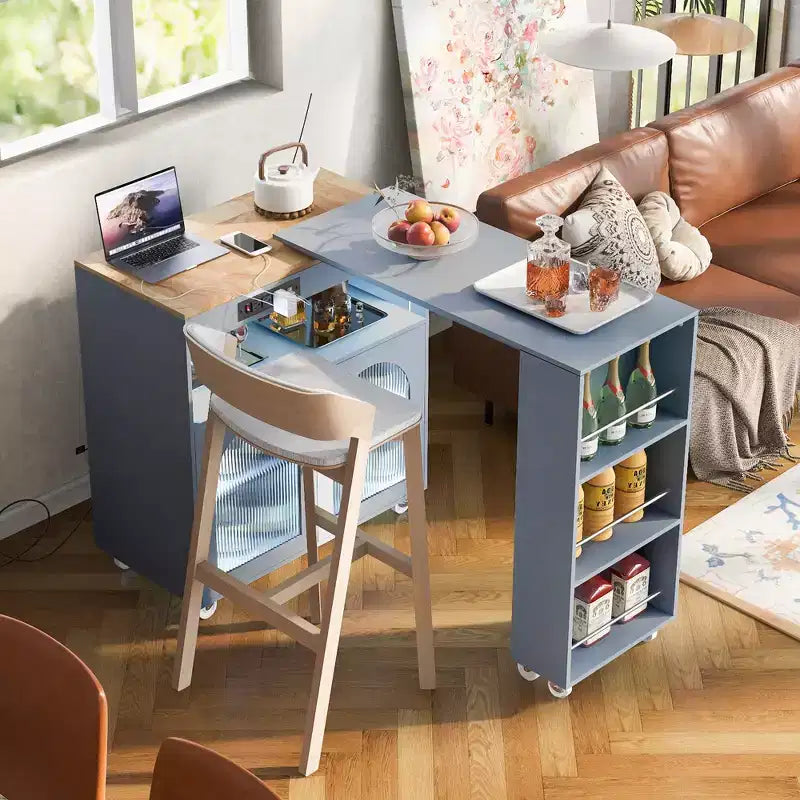 Rolling Kitchen Island on Wheels with Extended Table, LED Lights, Power Outlet, 2 Fluted Glass Doors, Storage Compartment, 3 Open Side Shelves