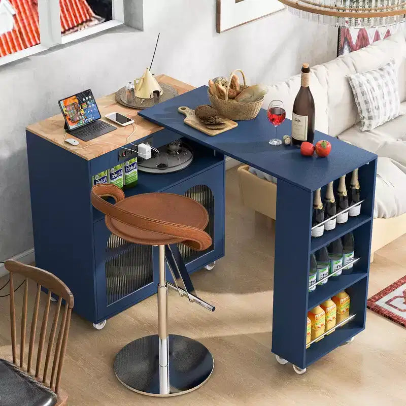 Carrello Cucina con Ruote e Tavolo Estensibile, Luci LED, Presa di Corrente, 2 Ante in Vetro Scanalato, Vano Contenitore, 3 Ripiani Laterali Aperti