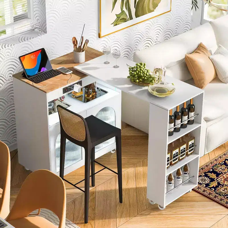 Carrello Cucina con Ruote e Tavolo Estensibile, Luci LED, Presa di Corrente, 2 Ante in Vetro Scanalato, Vano Contenitore, 3 Ripiani Laterali Aperti