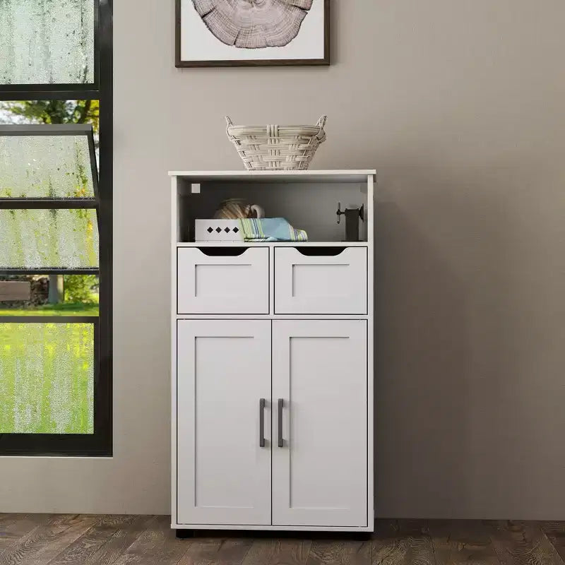 Freestanding Cabinet with Doors and Drawers - Adjustable Shelf Cabinet for Bathroom Essentials, Versatile Design Suitable for Kitchen Pantry White