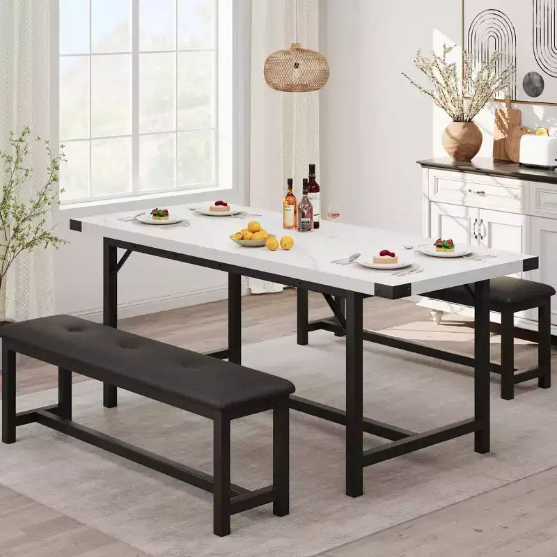 Set da pranzo allungabile 3 pezzi con 2 panche imbottite