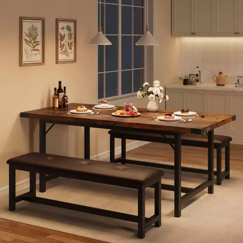 Set da pranzo allungabile 3 pezzi con 2 panche imbottite