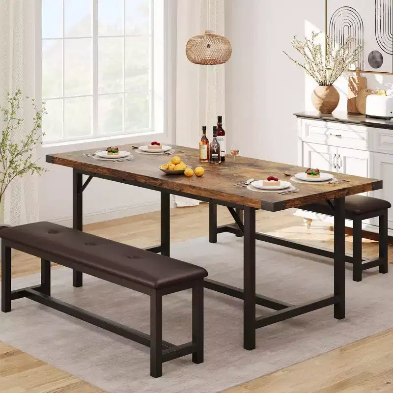 Acekool 3-Piece Extendable Dining Table Set with 2 Upholstered Benches, Metal Frame Wood Dinette Set for 4C8 People, Small Space Kitchen