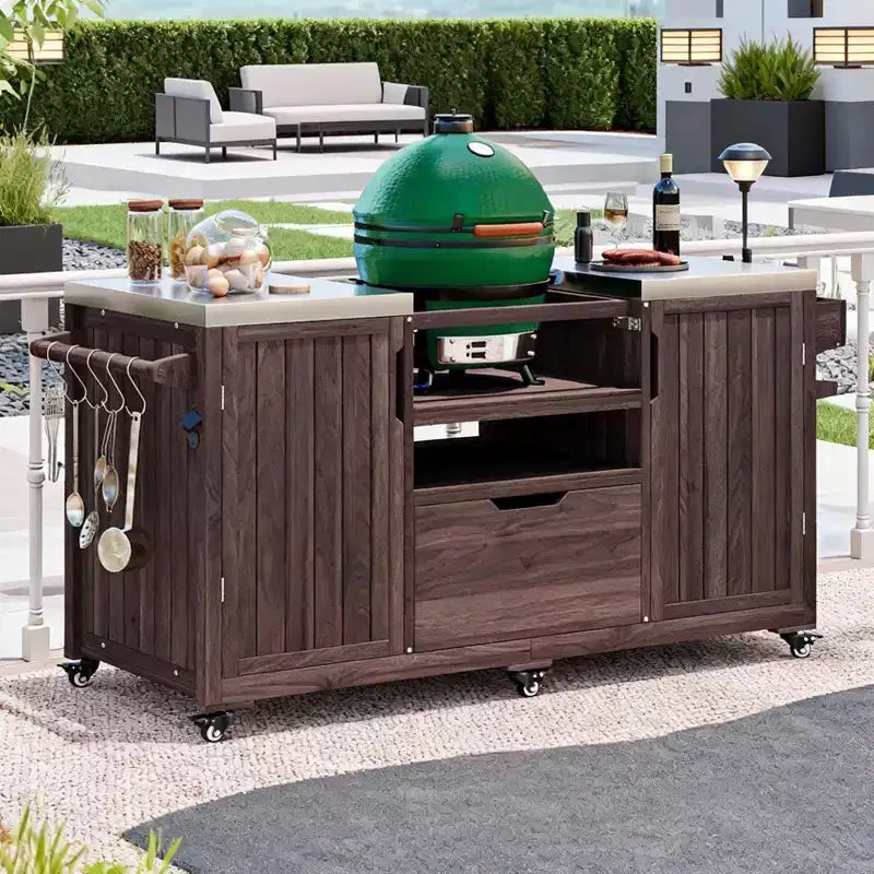 Carrello Cucina per Esterni con Griglia per Big Green Egg & Kamado Joe, Tavolo in Legno Massiccio con Top in Acciaio Inossidabile, Cassetto, Adatto a Griglie Grandi, Marrone Scuro