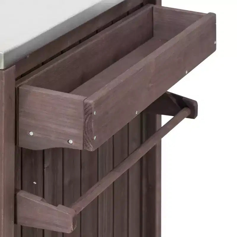 Carrello Cucina per Esterni con Griglia per Big Green Egg & Kamado Joe, Tavolo in Legno Massiccio con Top in Acciaio Inossidabile, Cassetto, Adatto a Griglie Grandi, Marrone Scuro