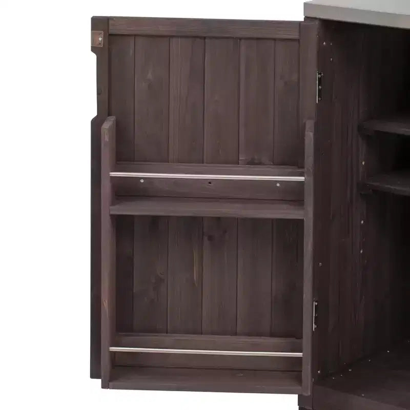 Carrello Cucina per Esterni con Griglia per Big Green Egg & Kamado Joe, Tavolo in Legno Massiccio con Top in Acciaio Inossidabile, Cassetto, Adatto a Griglie Grandi, Marrone Scuro