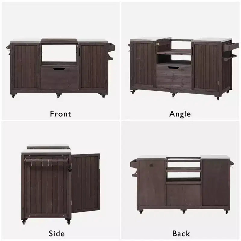 Carrello Cucina per Esterni con Griglia per Big Green Egg & Kamado Joe, Tavolo in Legno Massiccio con Top in Acciaio Inossidabile, Cassetto, Adatto a Griglie Grandi, Marrone Scuro