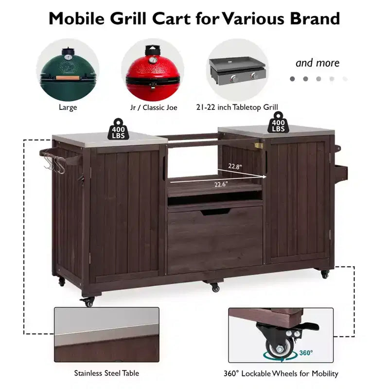 Carrello Cucina per Esterni con Griglia per Big Green Egg & Kamado Joe, Tavolo in Legno Massiccio con Top in Acciaio Inossidabile, Cassetto, Adatto a Griglie Grandi, Marrone Scuro