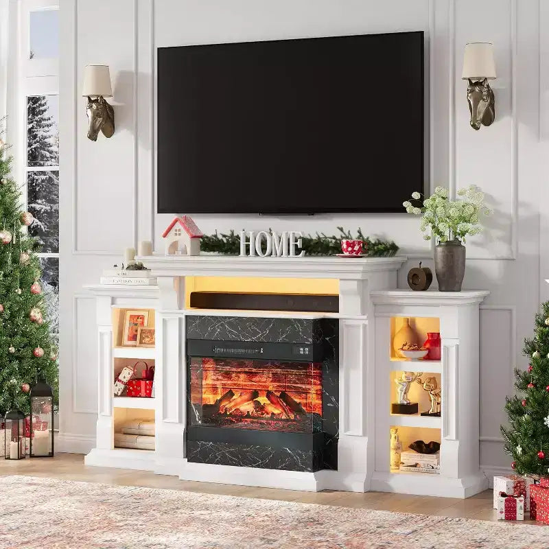 71 Fireplace TV Stand with 23 Electric Fireplace, Mid Century TV Console, Entertainment Center with Storage for Living Room, Bedroom