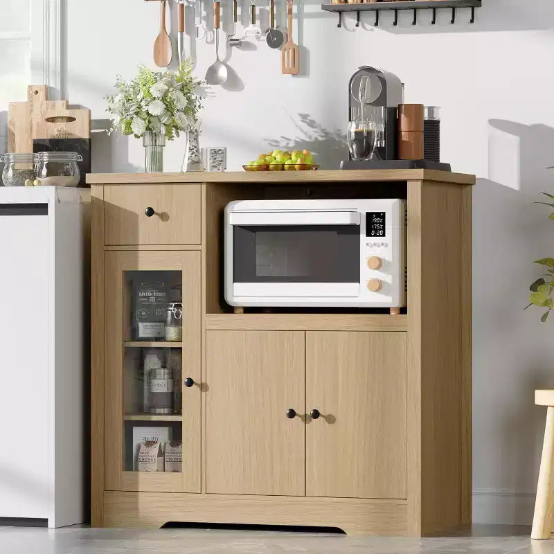 Mobile a Terra con Organizer in Legno a 3 Ante e 1 Cassetto con Ripiano Regolabile, Credenza in Legno a Colonna Larga per Cucina