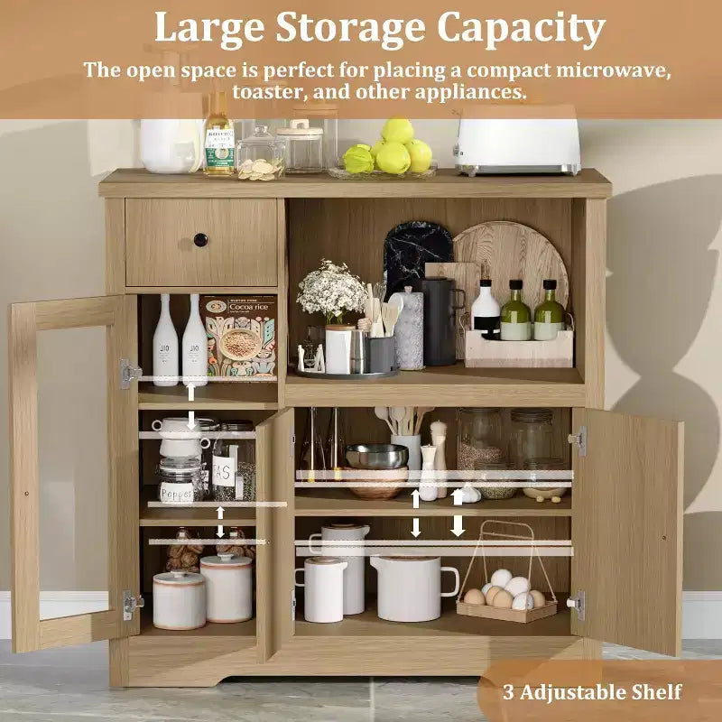 Mobile a Terra con Organizer in Legno a 3 Ante e 1 Cassetto con Ripiano Regolabile, Credenza in Legno a Colonna Larga per Cucina