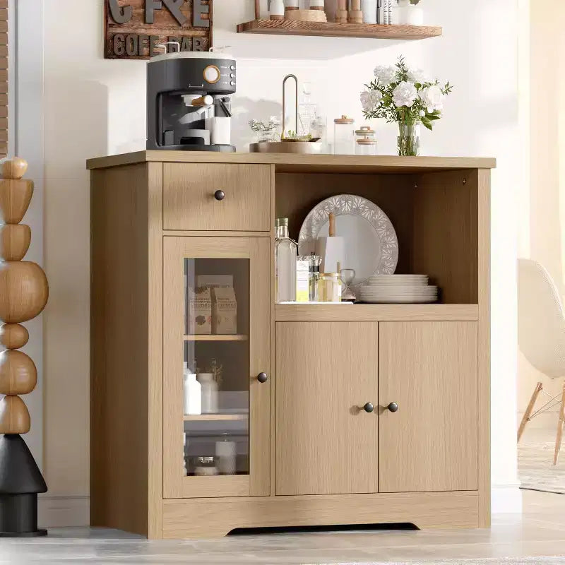 Mobile a Terra con Organizer in Legno a 3 Ante e 1 Cassetto con Ripiano Regolabile, Credenza in Legno a Colonna Larga per Cucina