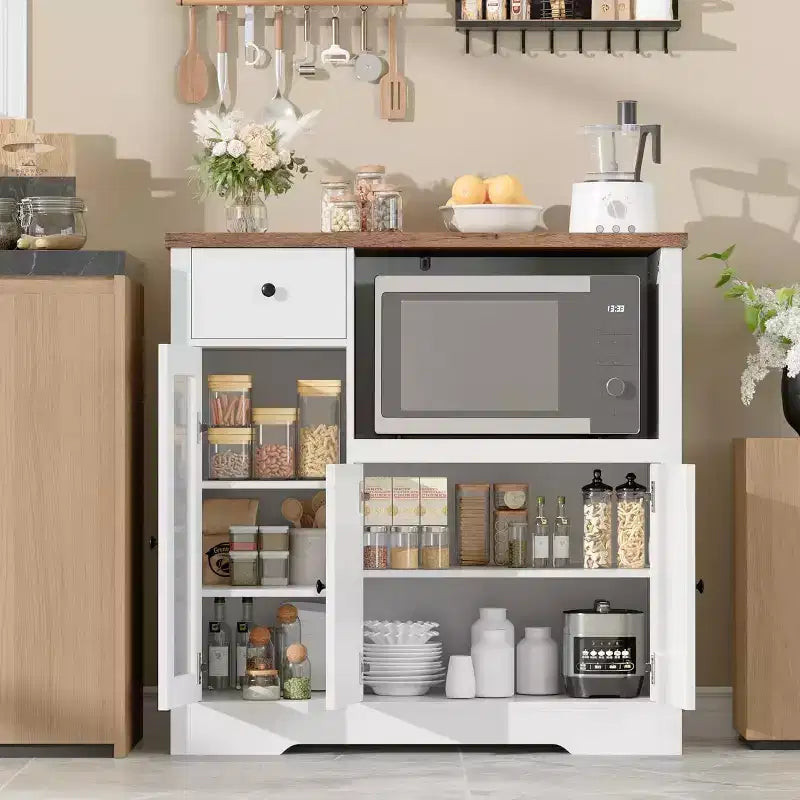 Mobile a Terra con Organizer in Legno a 3 Ante e 1 Cassetto con Ripiano Regolabile, Credenza in Legno a Colonna Larga per Cucina