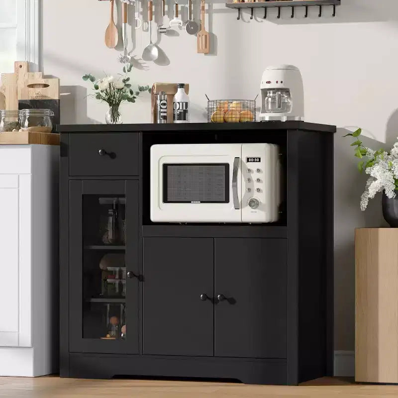 Mobile a Terra con Organizer in Legno a 3 Ante e 1 Cassetto con Ripiano Regolabile, Credenza in Legno a Colonna Larga per Cucina