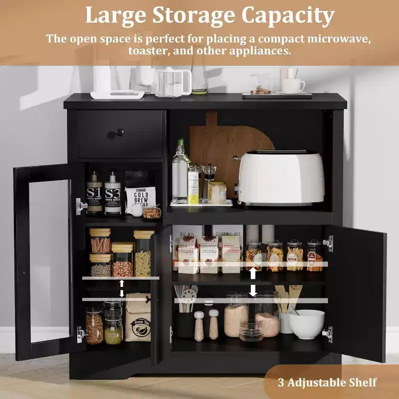 Mobile a Terra con Organizer in Legno a 3 Ante e 1 Cassetto con Ripiano Regolabile, Credenza in Legno a Colonna Larga per Cucina