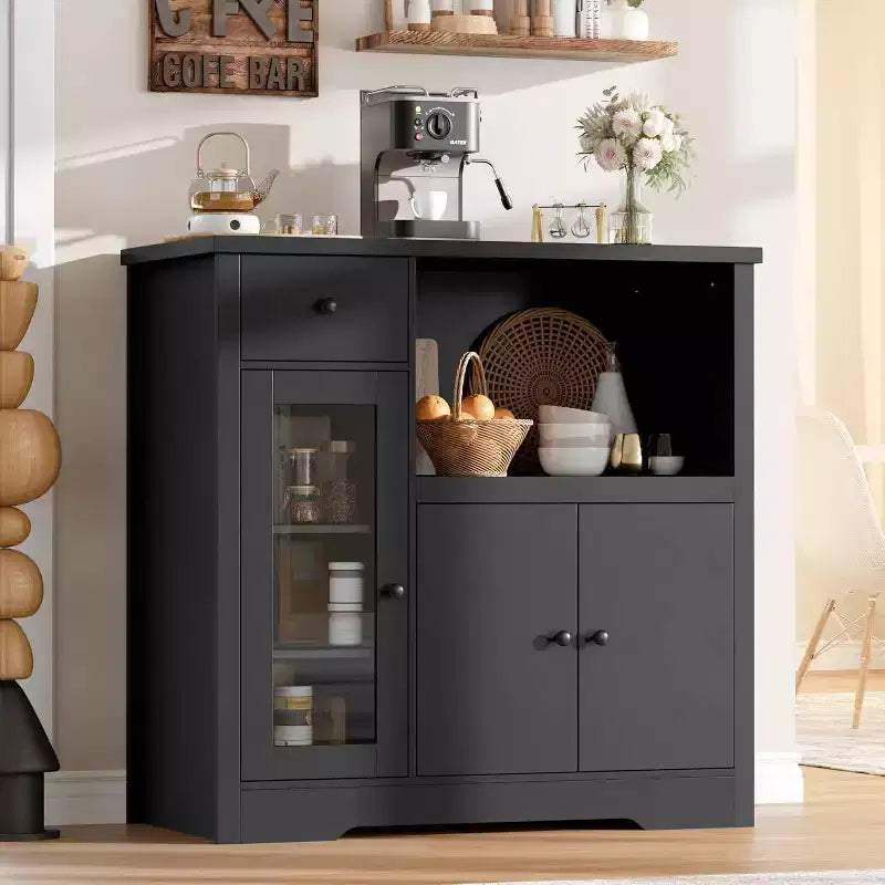 Mobile a Terra con Organizer in Legno a 3 Ante e 1 Cassetto con Ripiano Regolabile, Credenza in Legno a Colonna Larga per Cucina