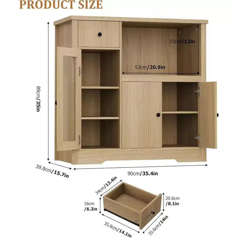 Mobile a Terra con Organizer in Legno a 3 Ante e 1 Cassetto con Ripiano Regolabile, Credenza in Legno a Colonna Larga per Cucina