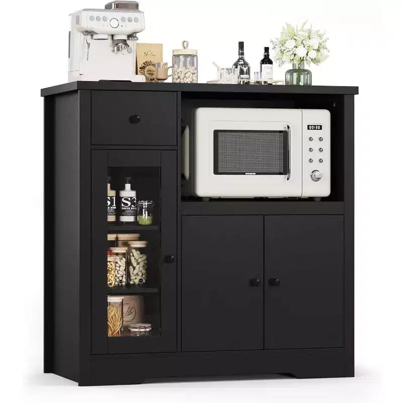 Mobile a Terra con Organizer in Legno a 3 Ante e 1 Cassetto con Ripiano Regolabile, Credenza in Legno a Colonna Larga per Cucina