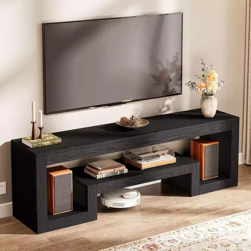Lantine 63-Inch TV Stand for 55/60/65/75-Inch TVs, Rustic Brown Television Console with Open Storage Shelves for Living Room, Bedroom, Black