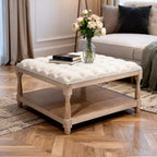 33 Large Square Ottoman Coffee Table, Tufted Linen Upholstered, Storage Shelf, Solid Legs, Beige