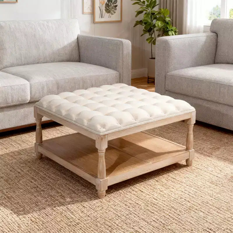 33 Tavolino da caffè ottomano grande quadrato, rivestito in lino capitonné, ripiano portaoggetti, gambe solide, beige