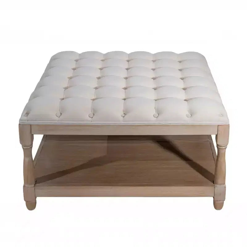 33 Tavolino da caffè ottomano grande quadrato, rivestito in lino capitonné, ripiano portaoggetti, gambe solide, beige