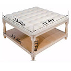 33 Tavolino da caffè ottomano grande quadrato, rivestito in lino capitonné, ripiano portaoggetti, gambe solide, beige
