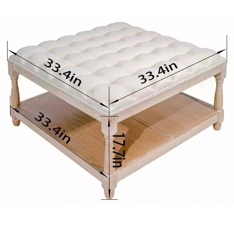 33 Tavolino da caffè ottomano grande quadrato, rivestito in lino capitonné, ripiano portaoggetti, gambe solide, beige